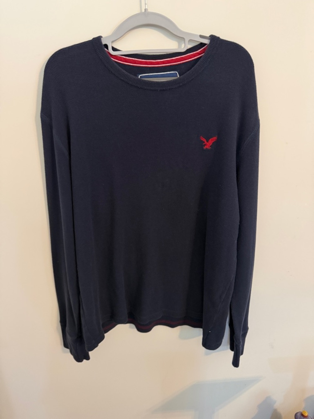 American Eagle Outfitters Navy Crewneck Sweater with Red Logo